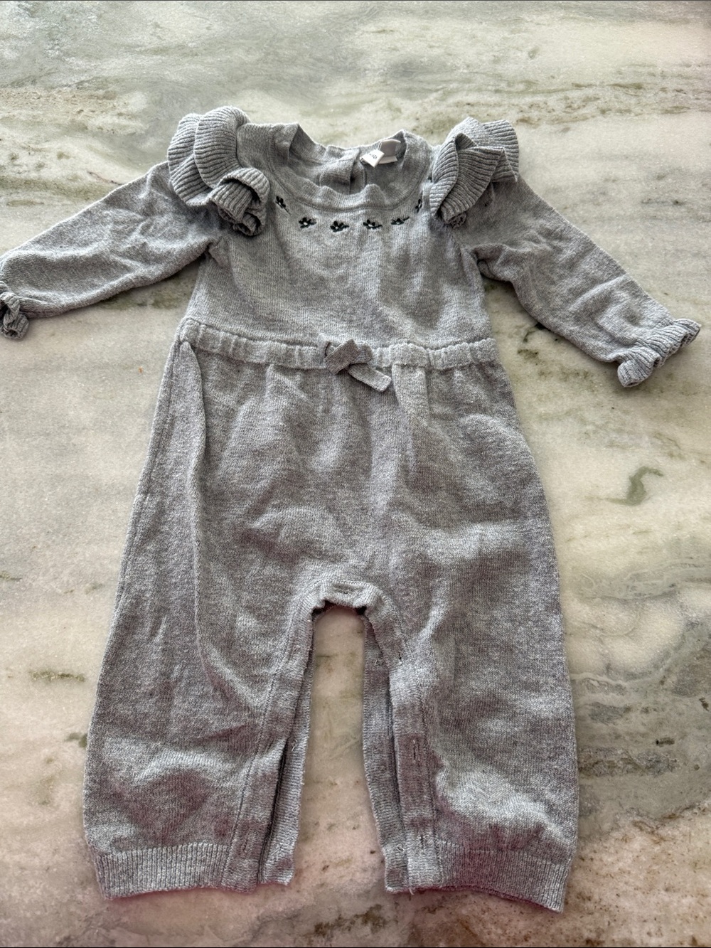 Janie and Jack Gray Knit One-Piece Romper with Ruffle Shoulders